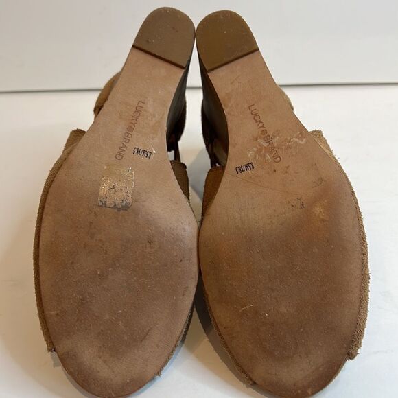 Lucky Brand Reevas Peep Toe Wedge Camel Suede Booties Size 8.5 - Picture 6 of 14